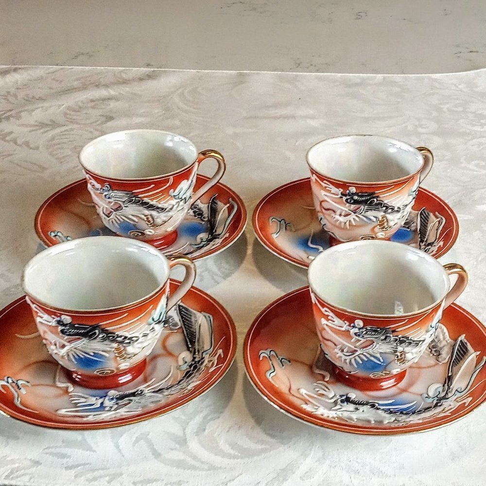 Betson Dragonware Moriage Porcelain Cups & Saucers